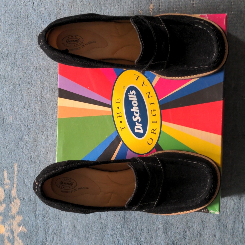 Dr. Scholl's Black Suede Women's Loafers, New, 9 1/2 M, Wedge Heels, Zenith